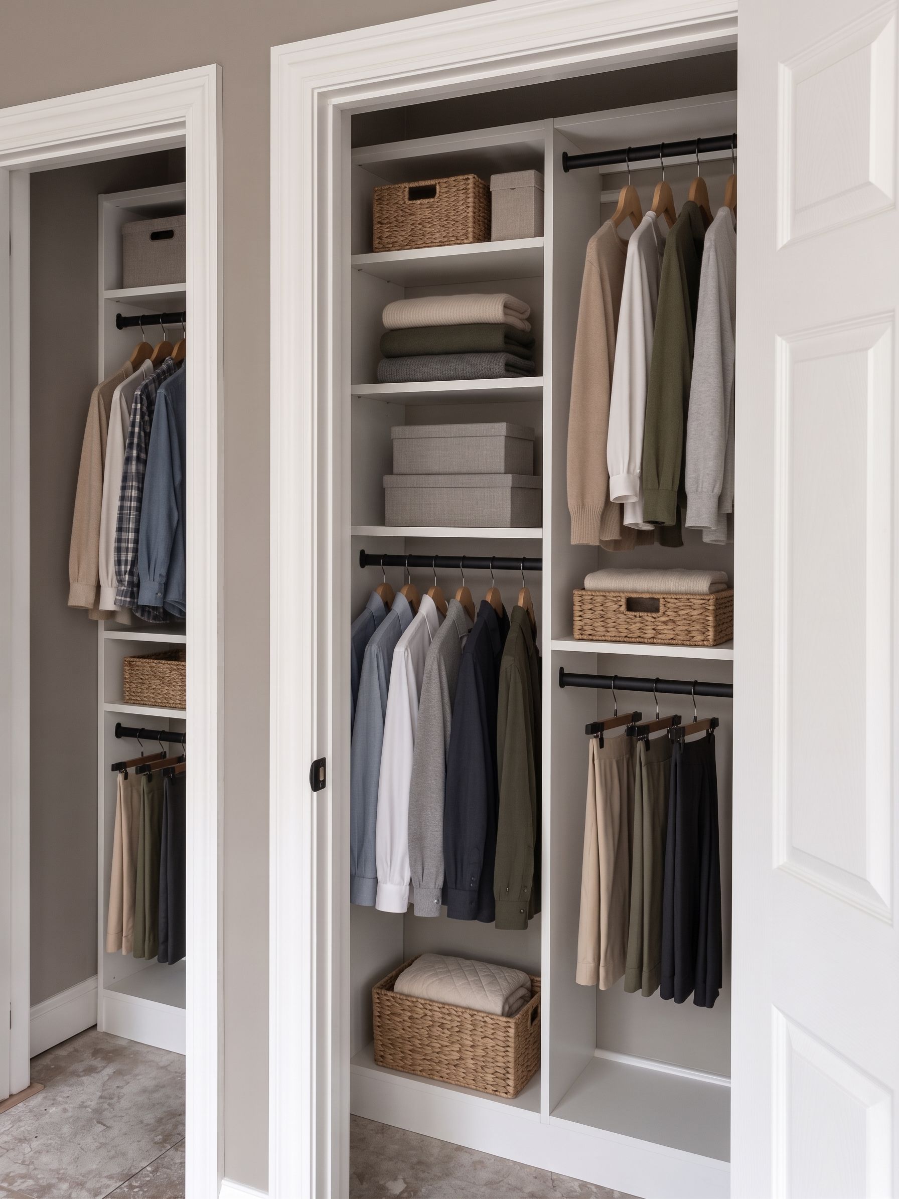 Open closet with organized clothes, shelves, and woven storage baskets in a white bedroom.