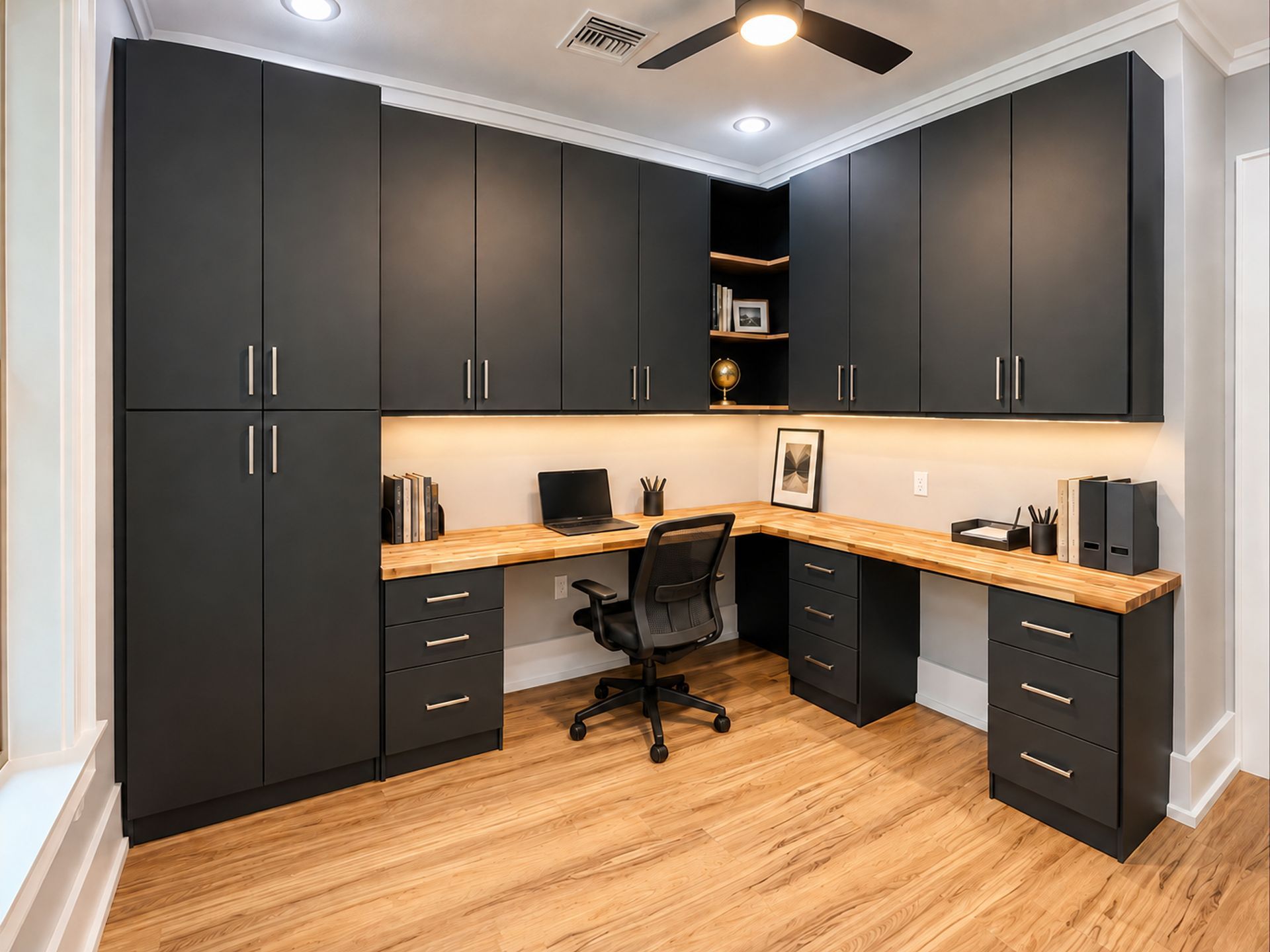 Modern home office with dark cabinets, wood desk, black chair, and warm ceiling lighting