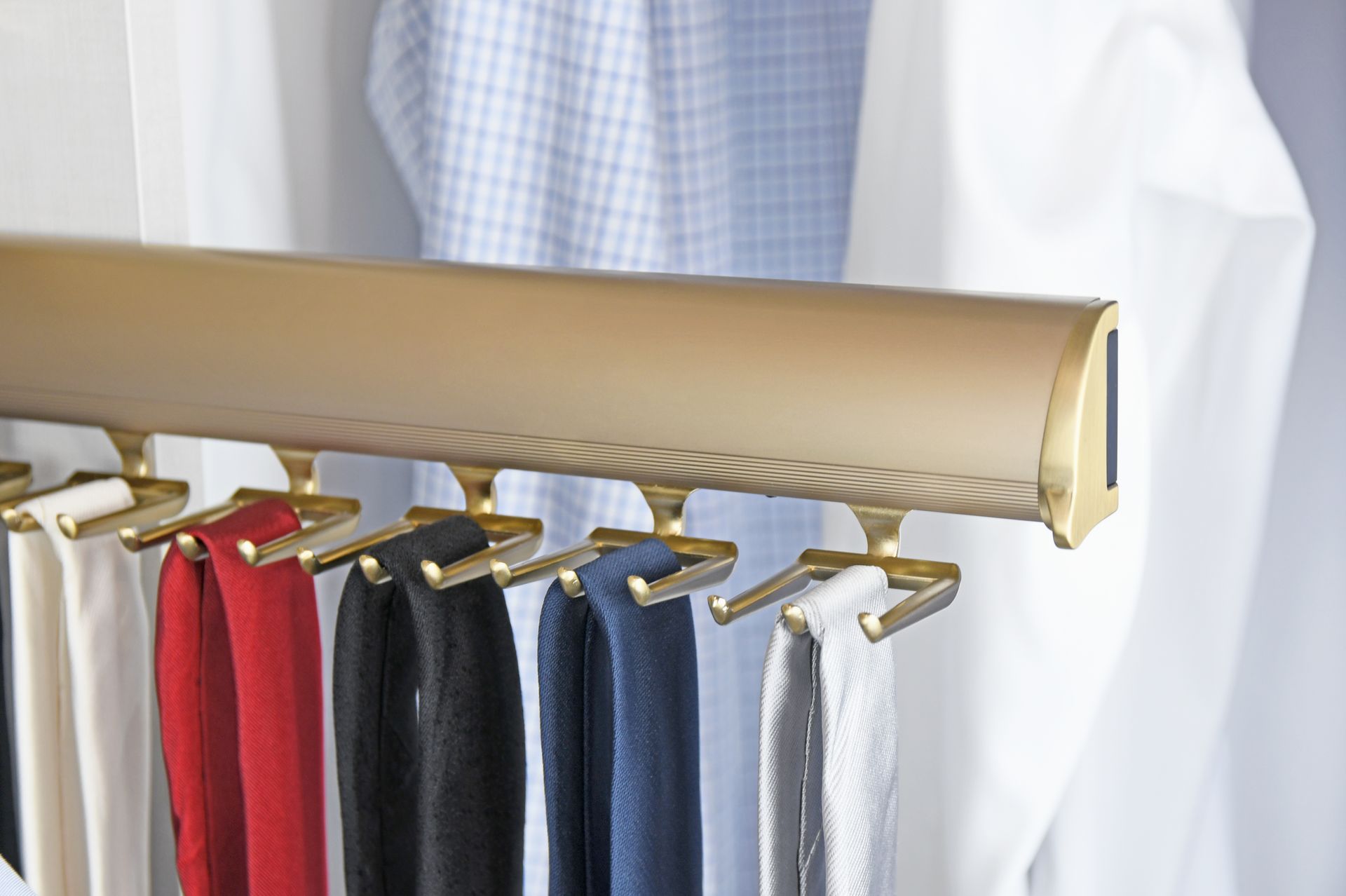 Gold tie rack with a row of ties in various colors.