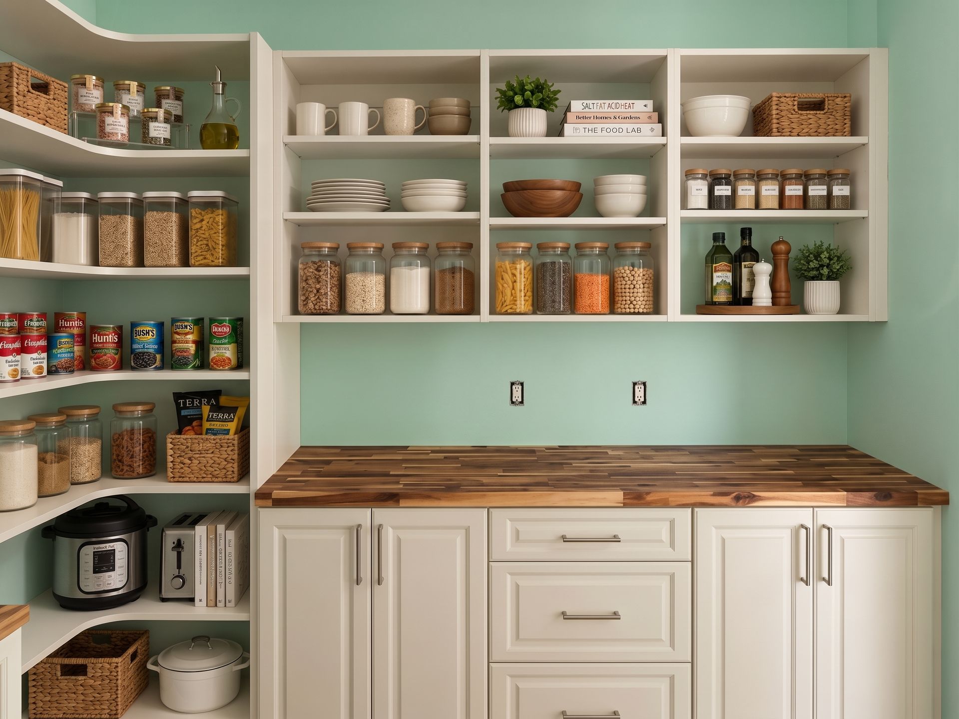 Mint-green pantry with open shelves, jars, dishes, and coffee supplies above a wooden counter.