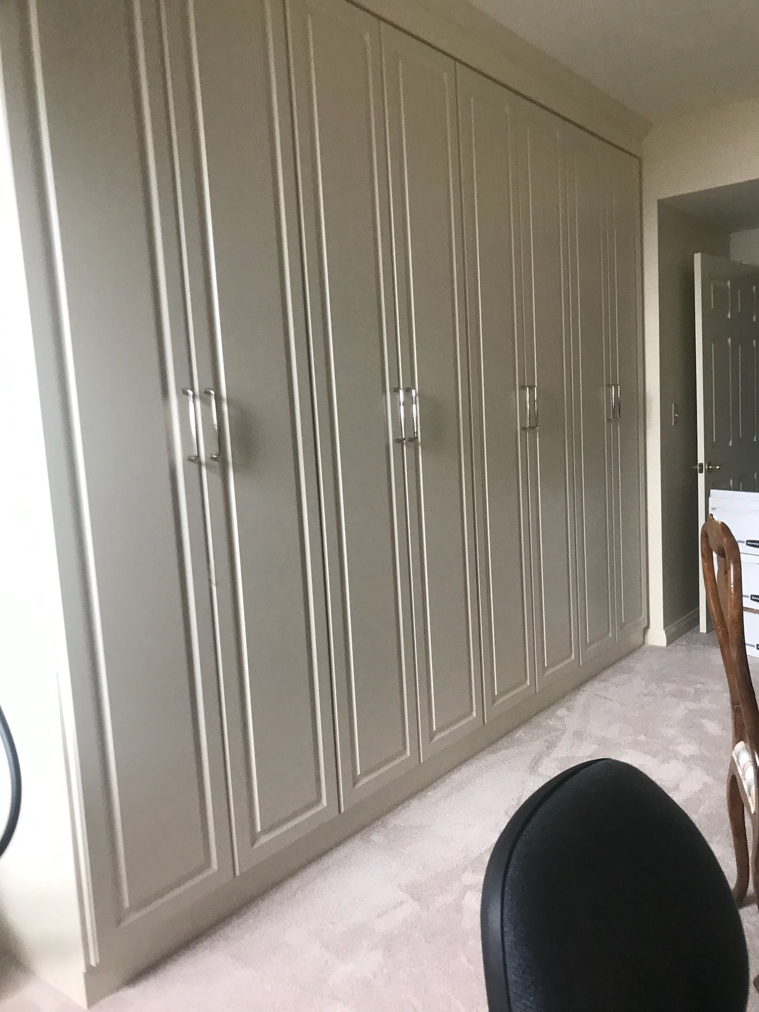 Tall, light-colored closet doors with vertical panel detailing and silver handles in a room with carpet.