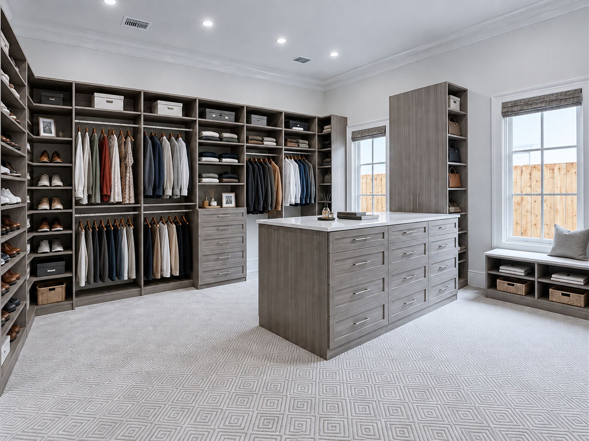 Spacious walk-in closet with wood shelving, hanging clothes, drawers, and a central island.