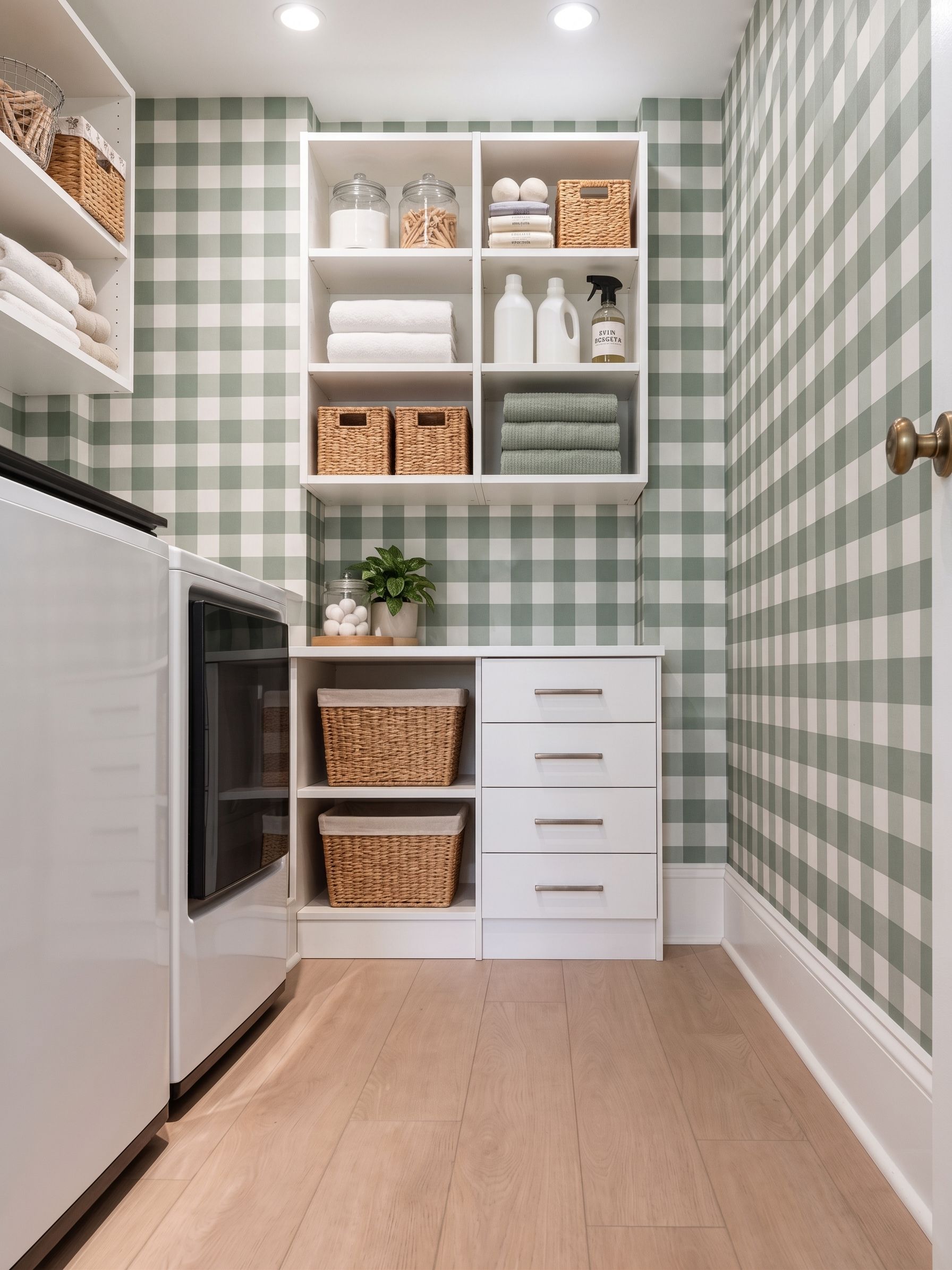 Narrow pantry with green checkered wallpaper, white shelves, baskets, and drawers in a bright home closet