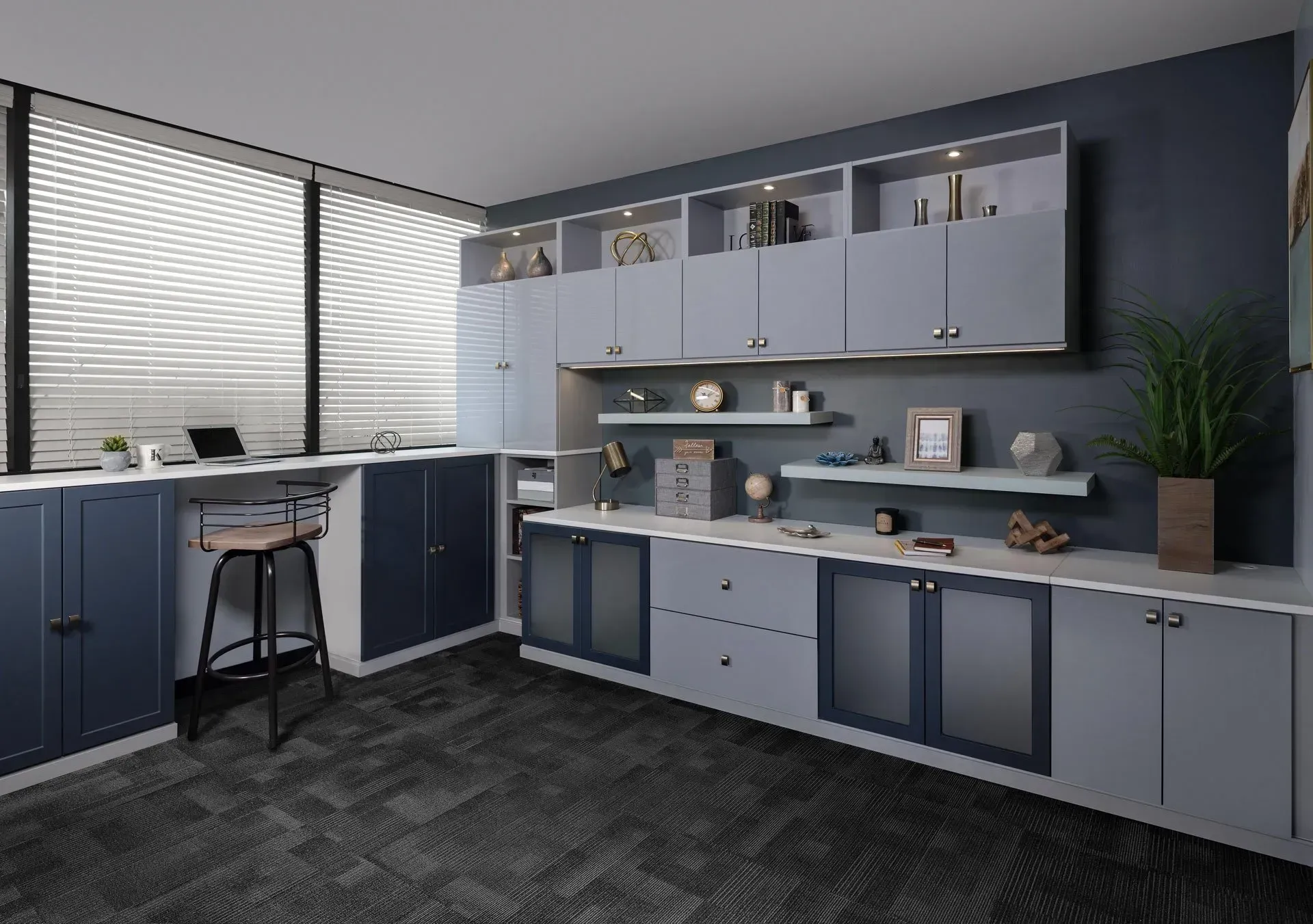 Office space with gray and blue built-in cabinets, desk, and shelves. Window with blinds, office decor, carpet.