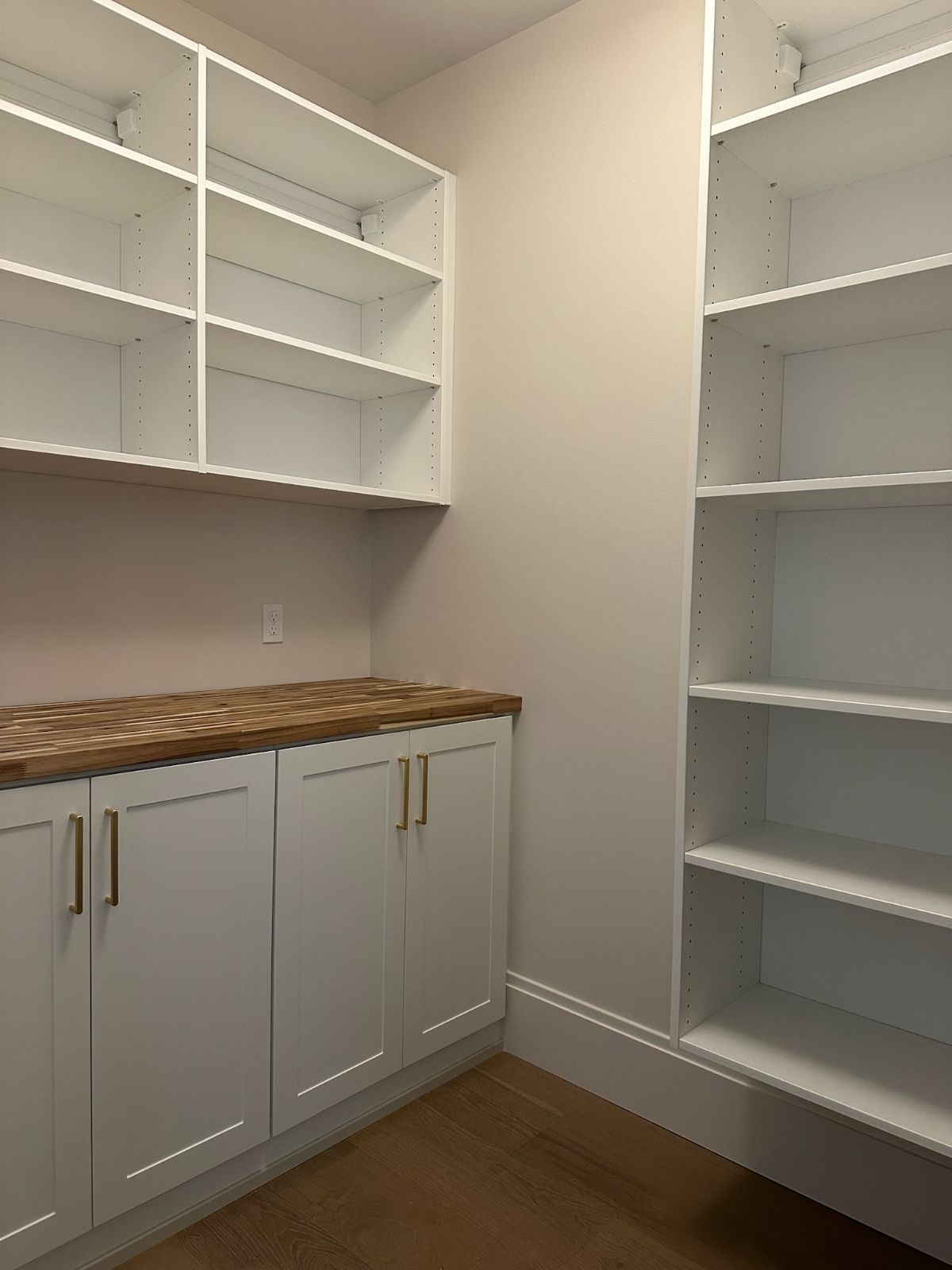White pantry with cabinets, shelves, and wood countertop.