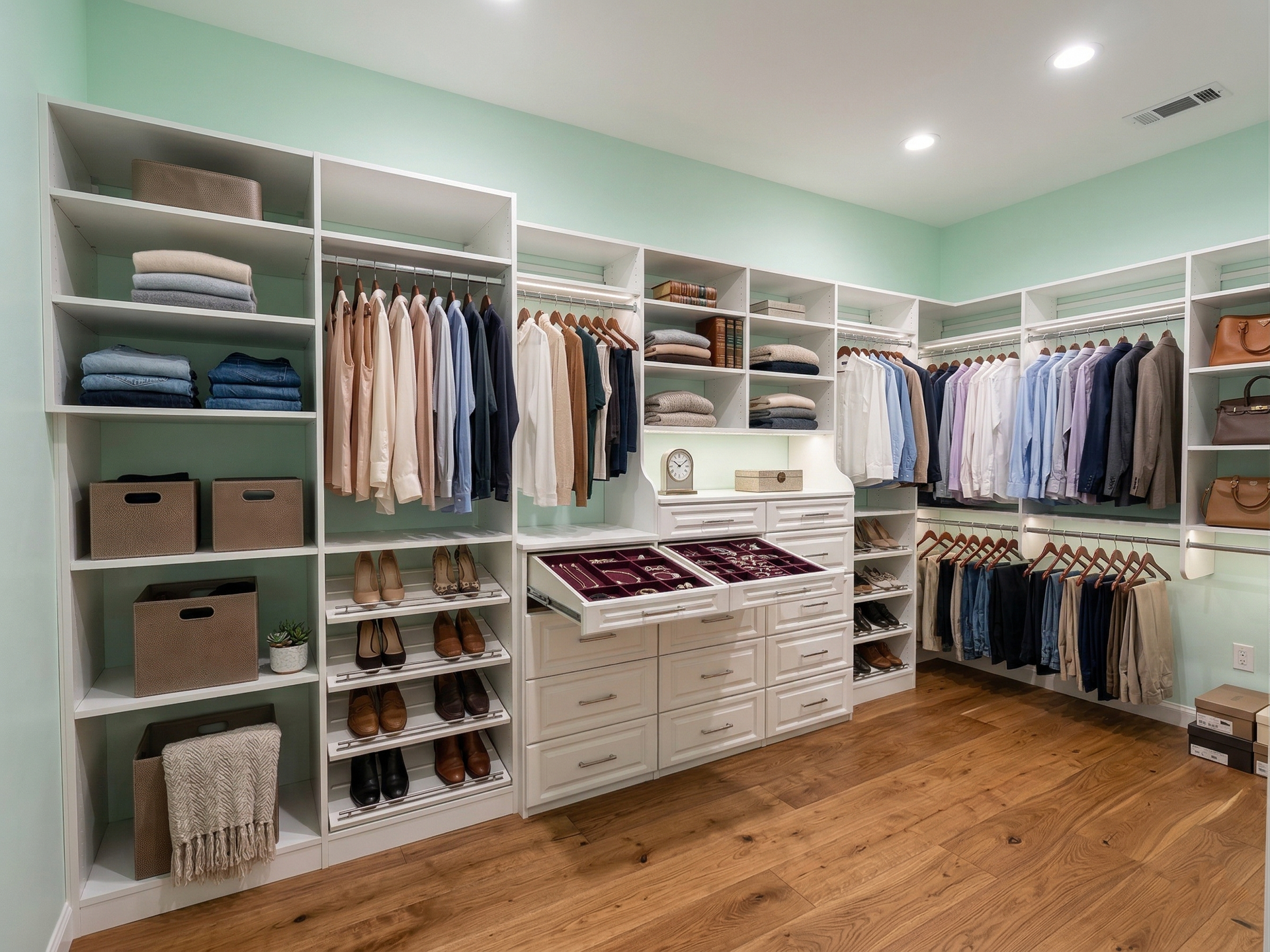 Walk-in closet with dark cabinets, glass doors, and organized shelves and drawers.