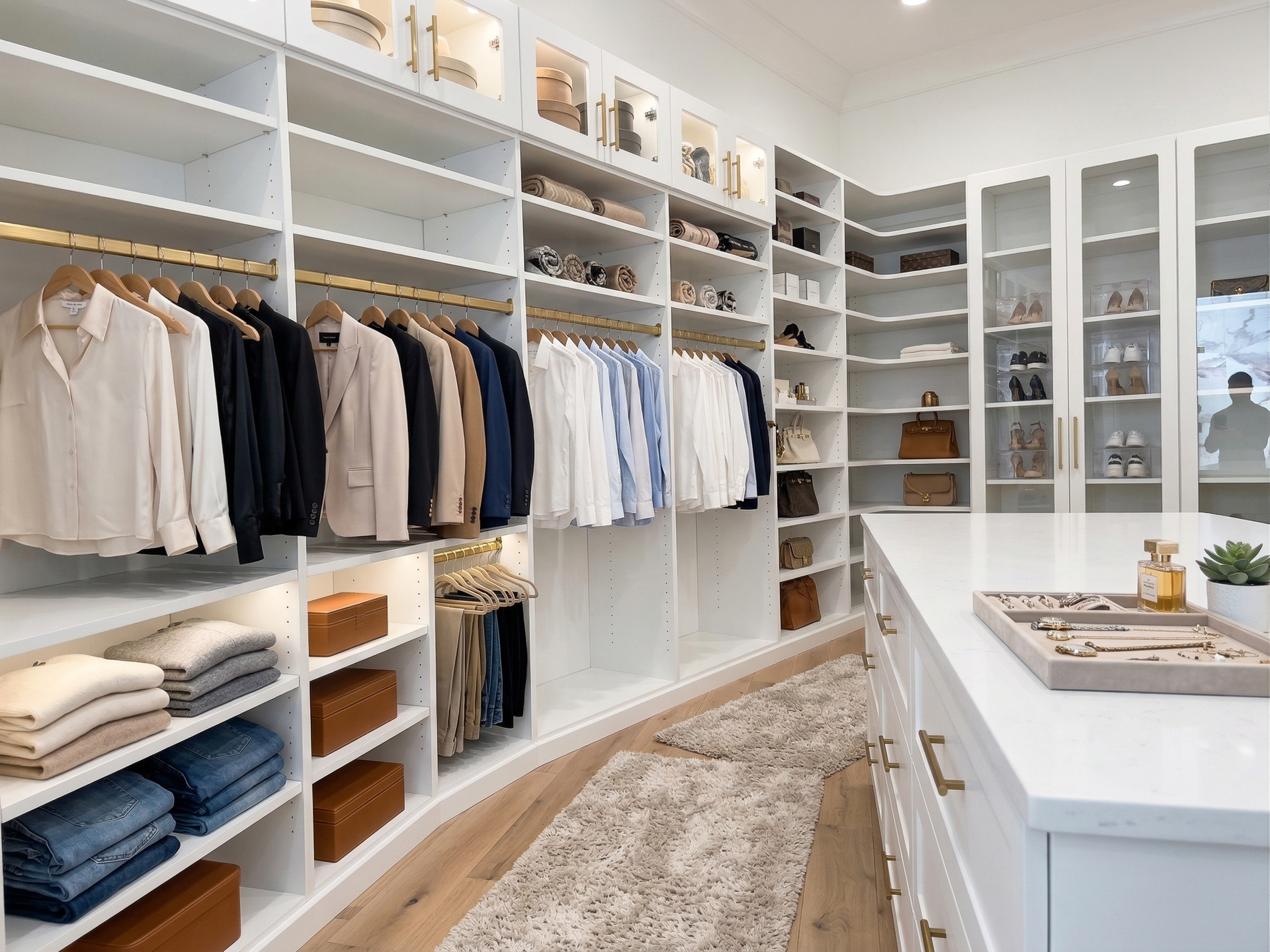 A walk-in closet with teal and white built-ins, housing clothes, shelves, and drawers. A large plant and rug are also visible.