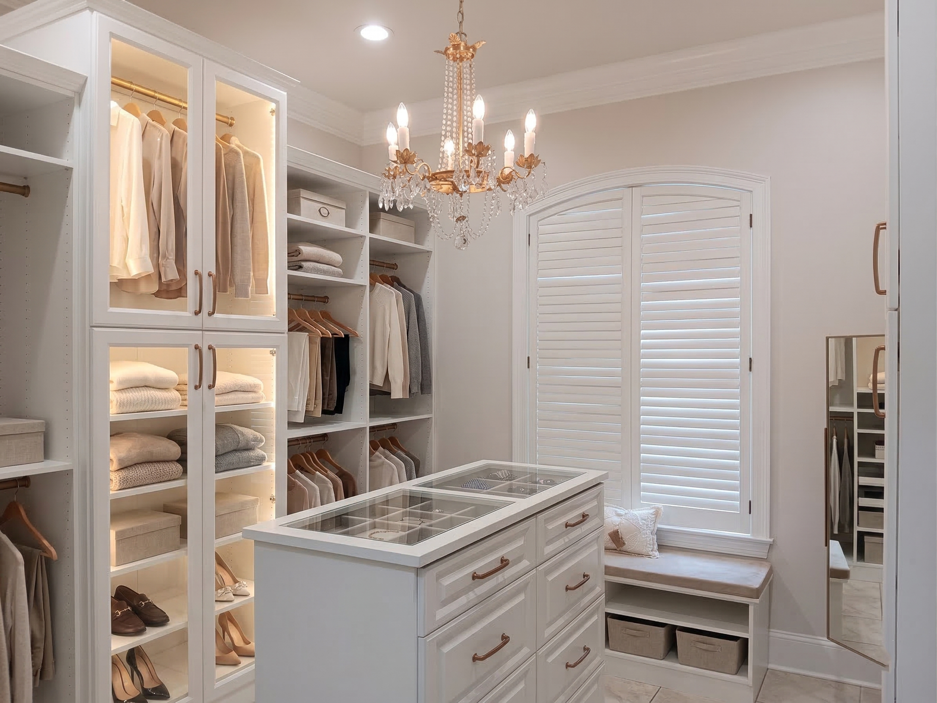 A luxurious white walk-in closet with glass-front cabinets, a central island with drawers, and a crystal chandelier.
