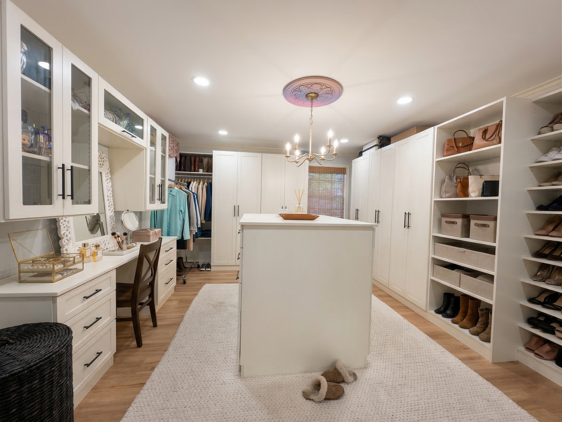 Gray walk-in closet with neatly organized clothing, including shirts, pants, and accessories. Neutral tones and a modern design are featured.