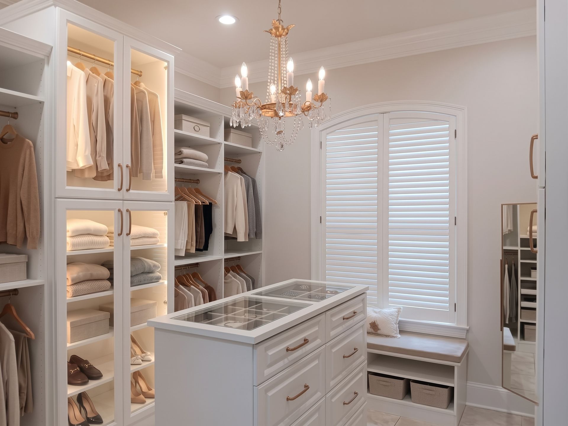 Elegant white walk-in closet with built-in shelves, chandelier, and central island under a window with shutters