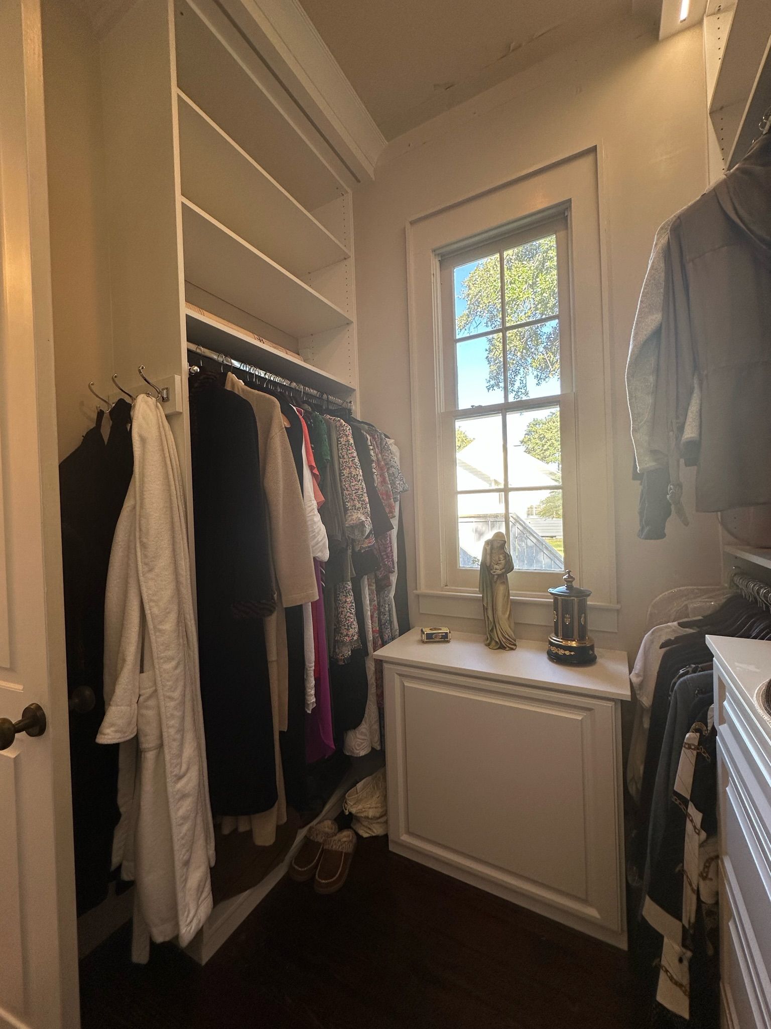 Walk-in closet with hanging clothes, shelving, and a window. White cabinets, dark wood floor.