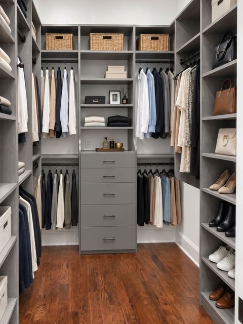 Walk-in closet with gray shelves, hanging clothes, drawers, and woven storage baskets on wood flooring