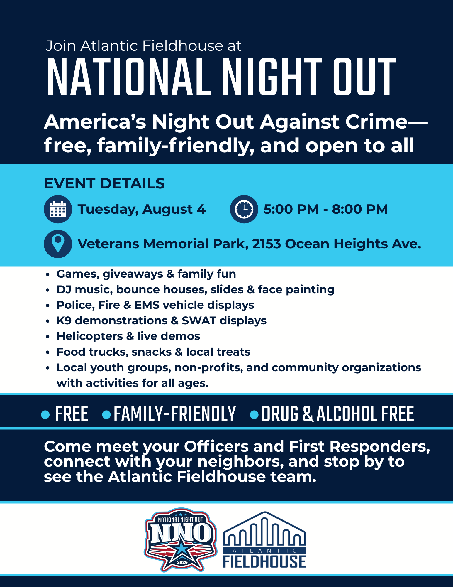 National Night Out community event flyer at Atlantic Fieldhouse, with family activities and free food/drinks