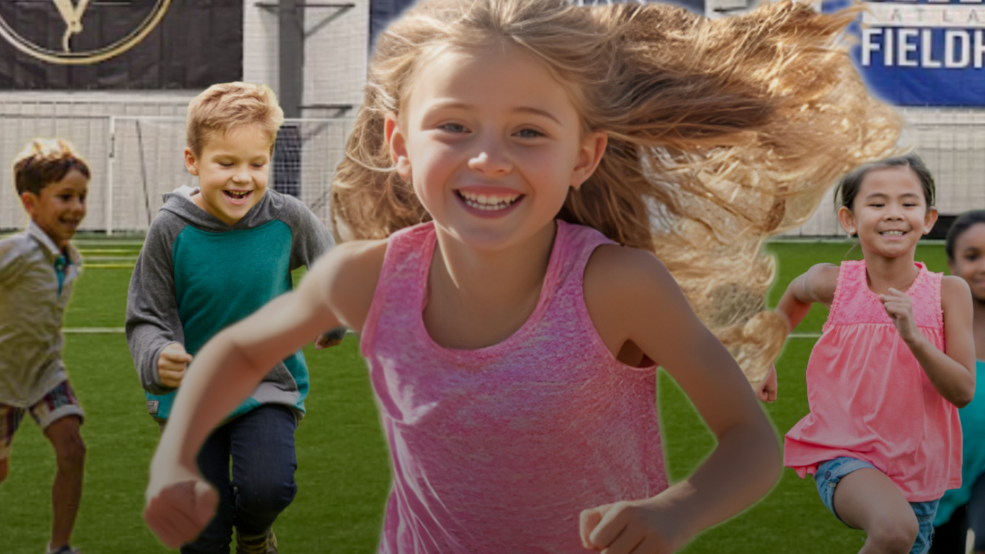 Children running and smiling on a grassy field, with a blue sign in the background