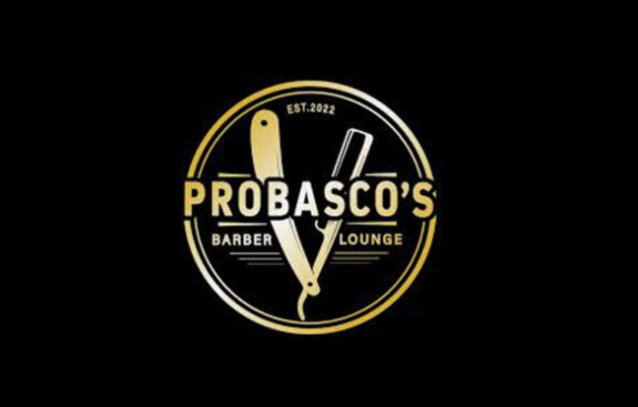 Probasco’s Barber Lounge logo in black and gold with scissors centered in a circular emblem