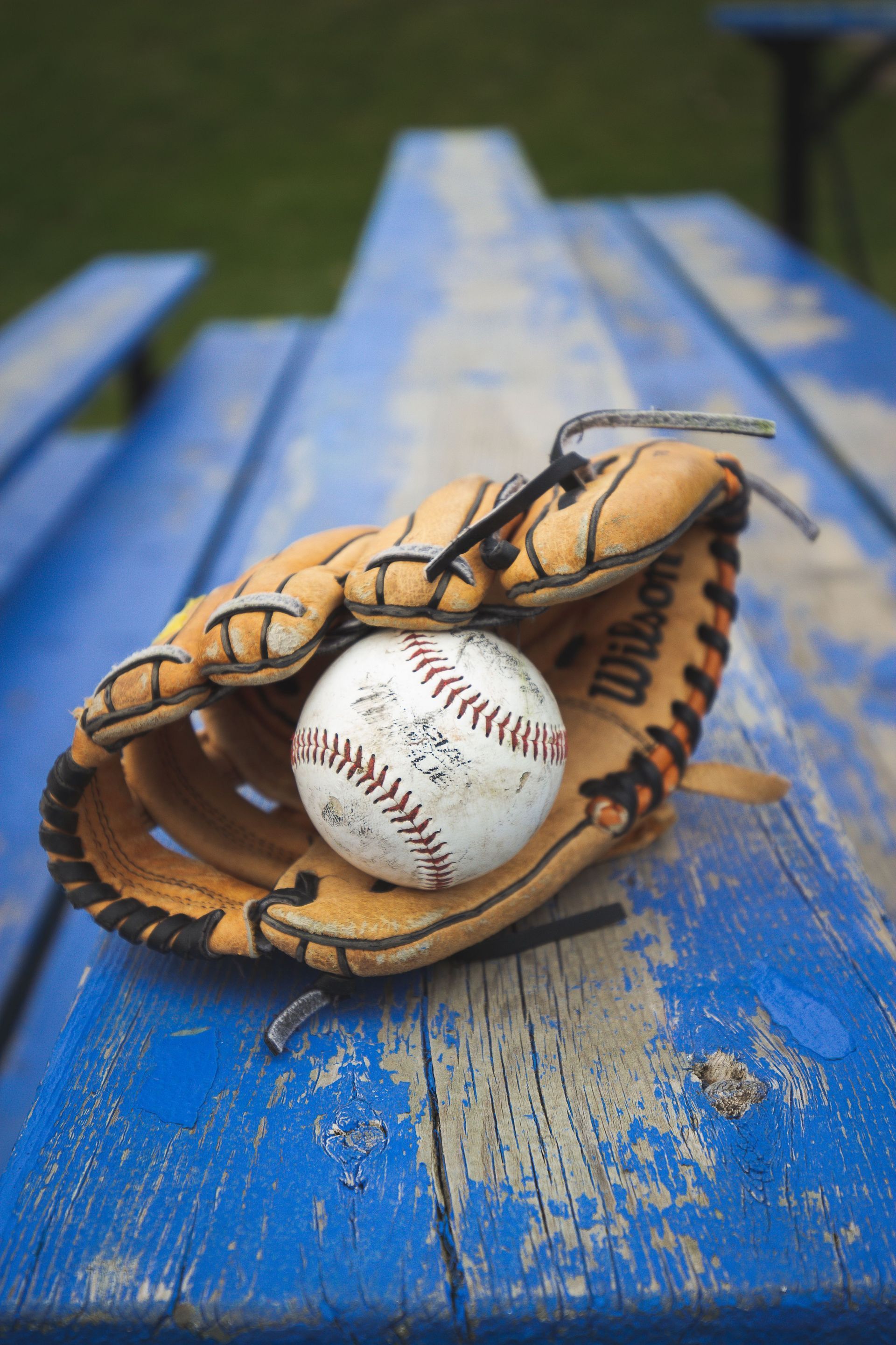 A baseball nestled in a tan leather glove on a weathered blue bench.