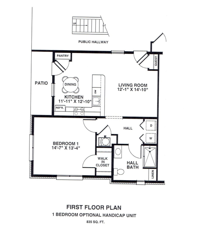 Black-and-white architectural floor plan with labeled rooms and staircases, showing a first-floor layout