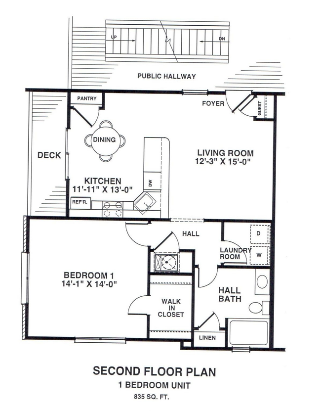 Black-and-white floor plan sketch of a house interior with labeled rooms and dimensions.