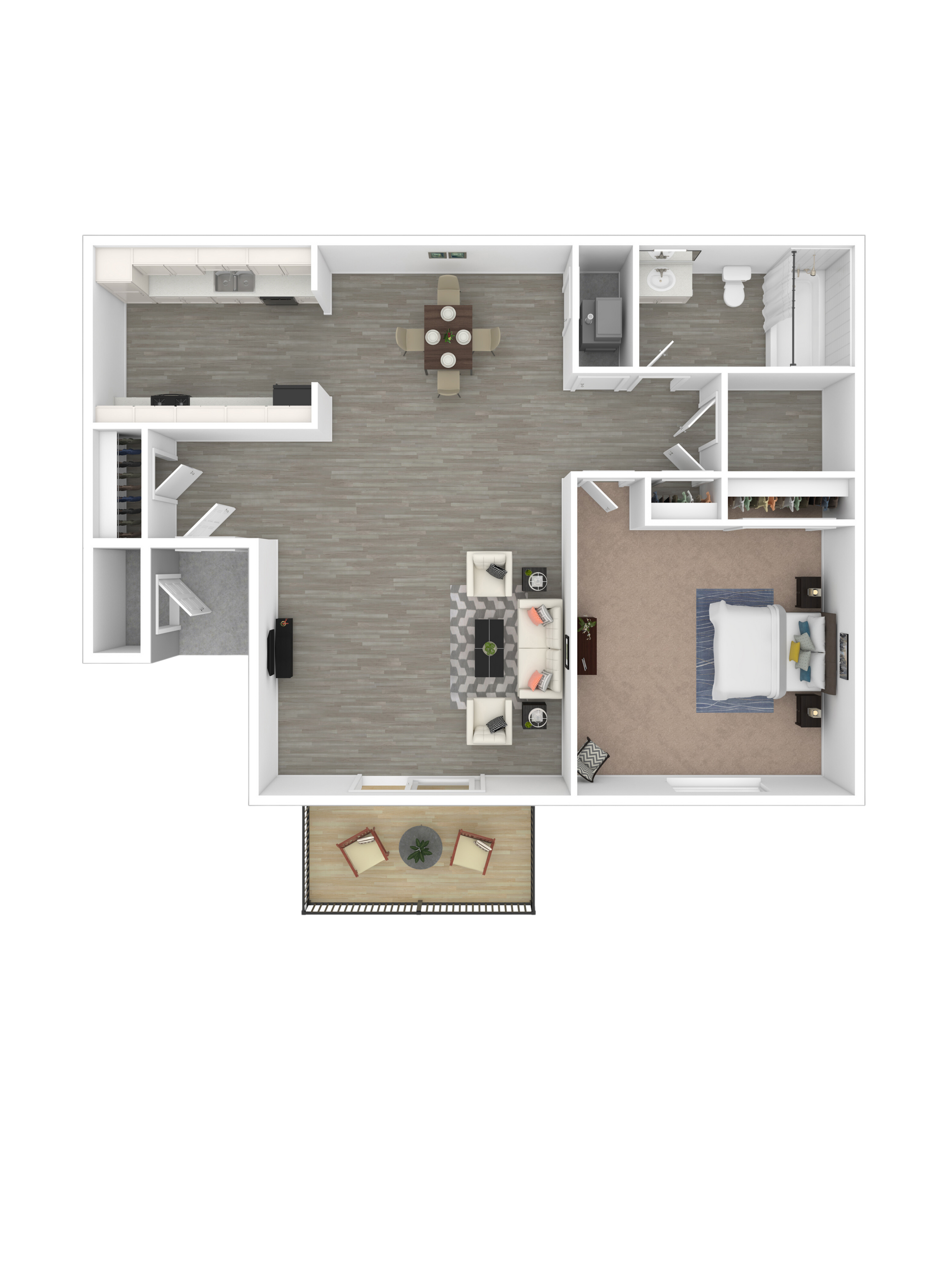 A floor plan of a one-bedroom apartment with a kitchen, dining area, living room, bathroom, and balcony.