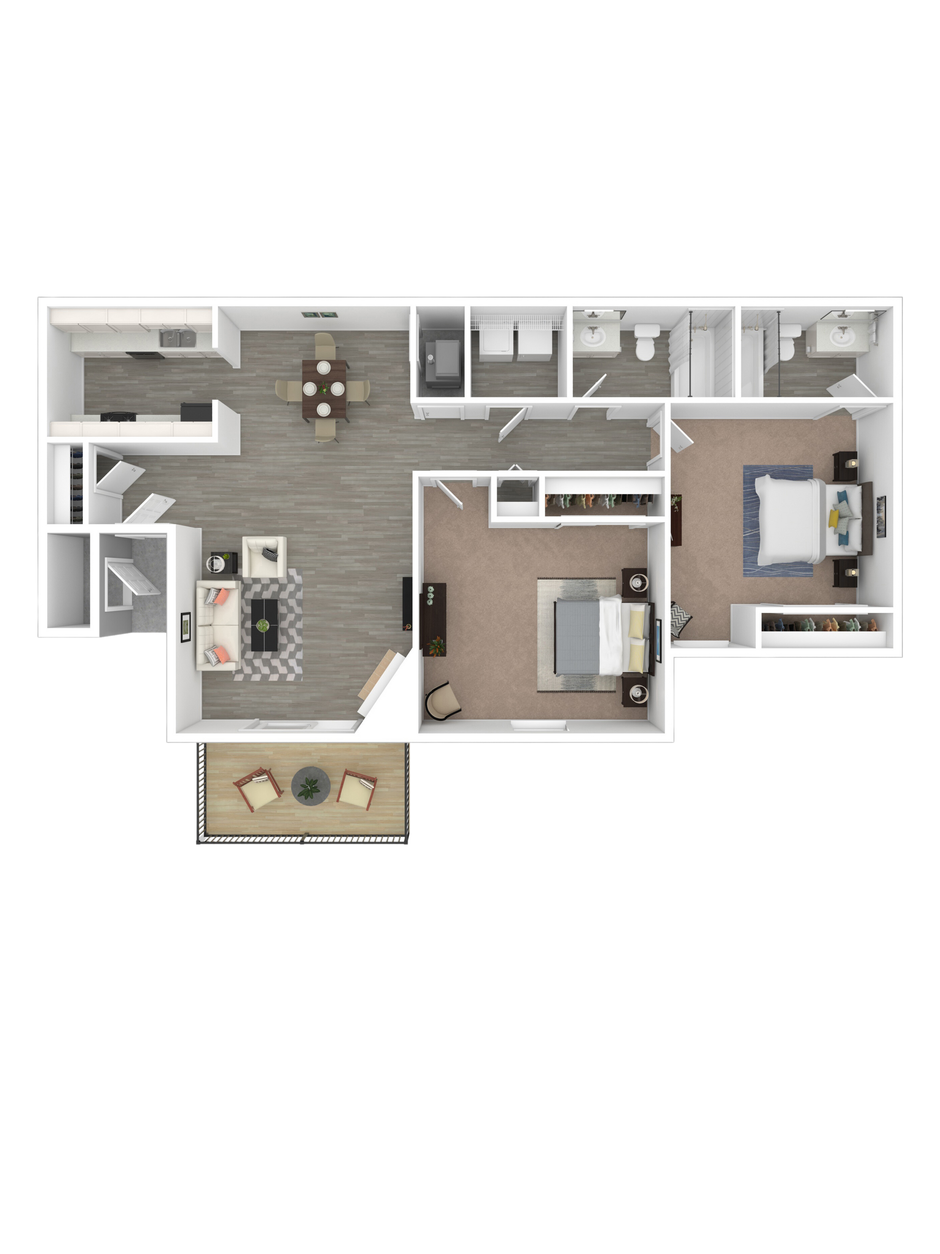 Floor plan for a two-bedroom, two-bathroom apartment featuring an open living area, kitchen, and a private balcony.