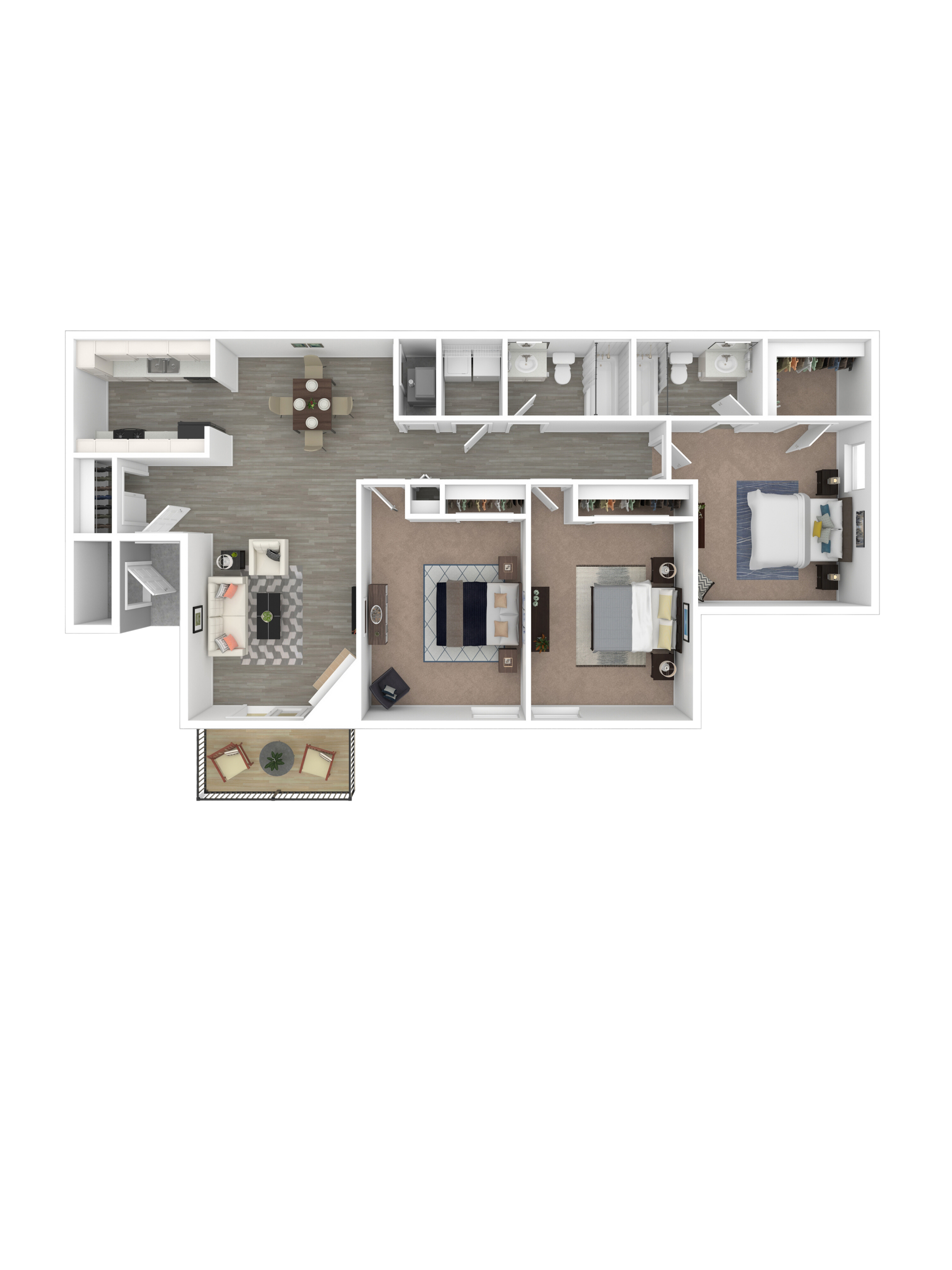 2D floor plan for a 3-bedroom, 2-bathroom apartment with an open-concept kitchen, dining area, living room, and patio.