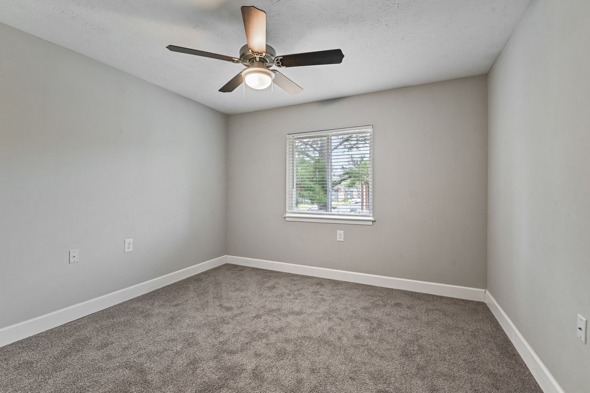 An empty bedroom with light gray walls, gray carpeting, a ceiling fan, and a single window centered on the back wall.