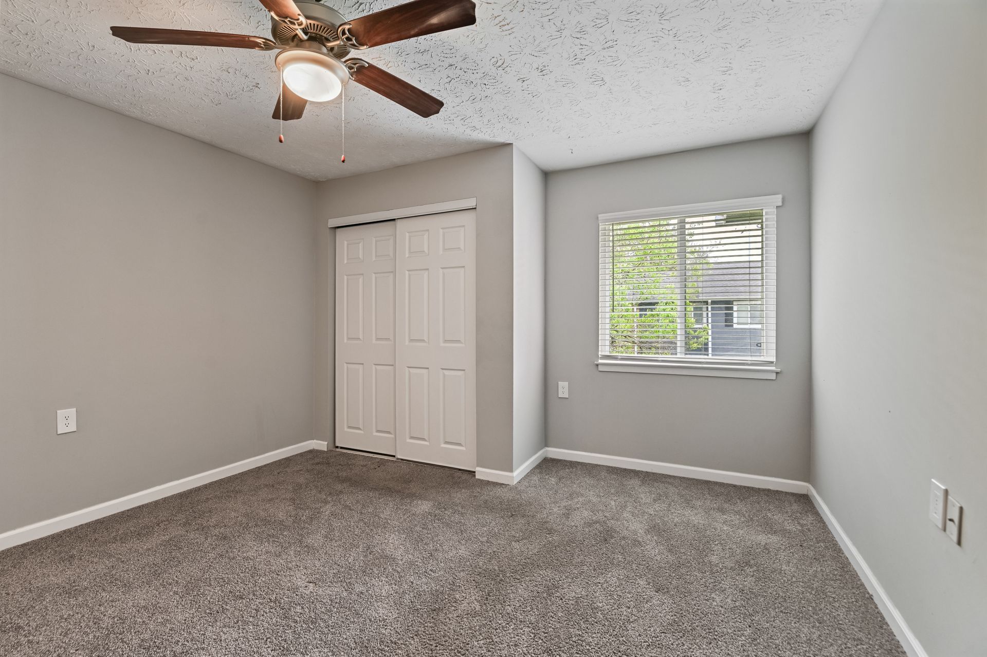 An empty bedroom with gray walls, beige carpet, a white closet, and a ceiling fan over a window with blinds.