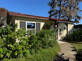 A house with a large tree in front of it is surrounded by trees and grass - Sunshine Lodge