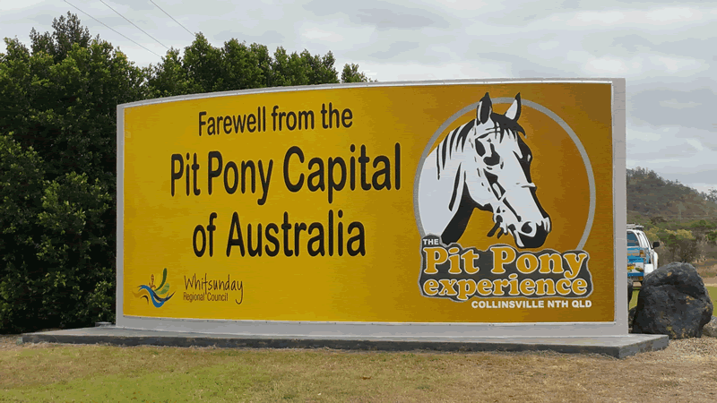 Yellow Roadside Sign Reading Farewell From the Pit Pony Capital of Australia — Lehmann Print Solutions in Proserpine, QLD