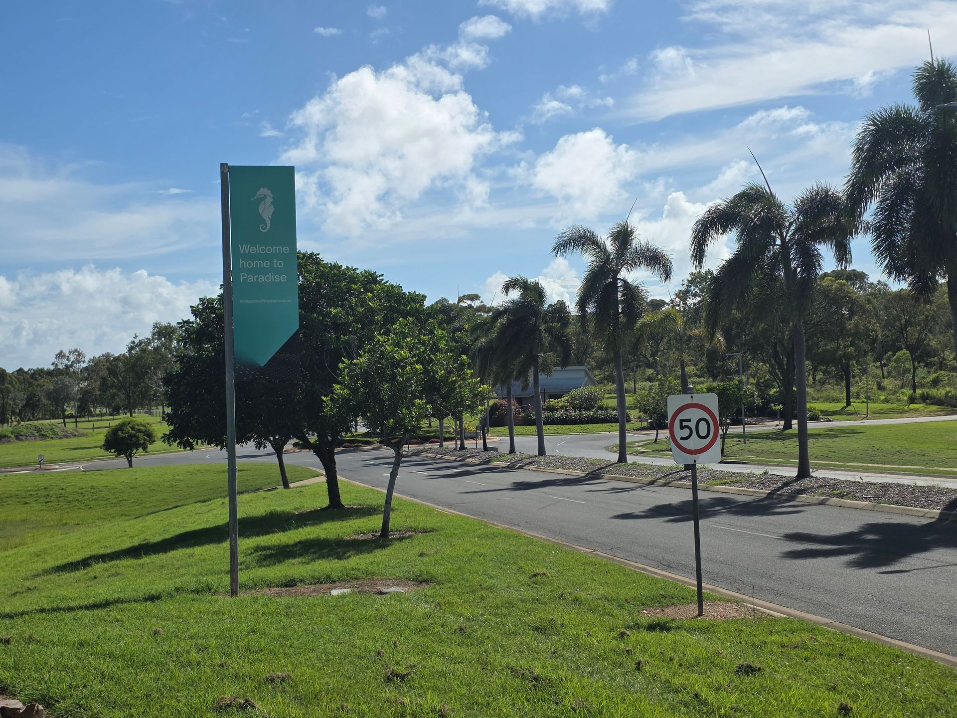 Park Road With a 50 Km/H Sign, Green Lawn, Palm Trees, and a Sunny Sky — Lehmann Print Solutions in Bowen, QLD