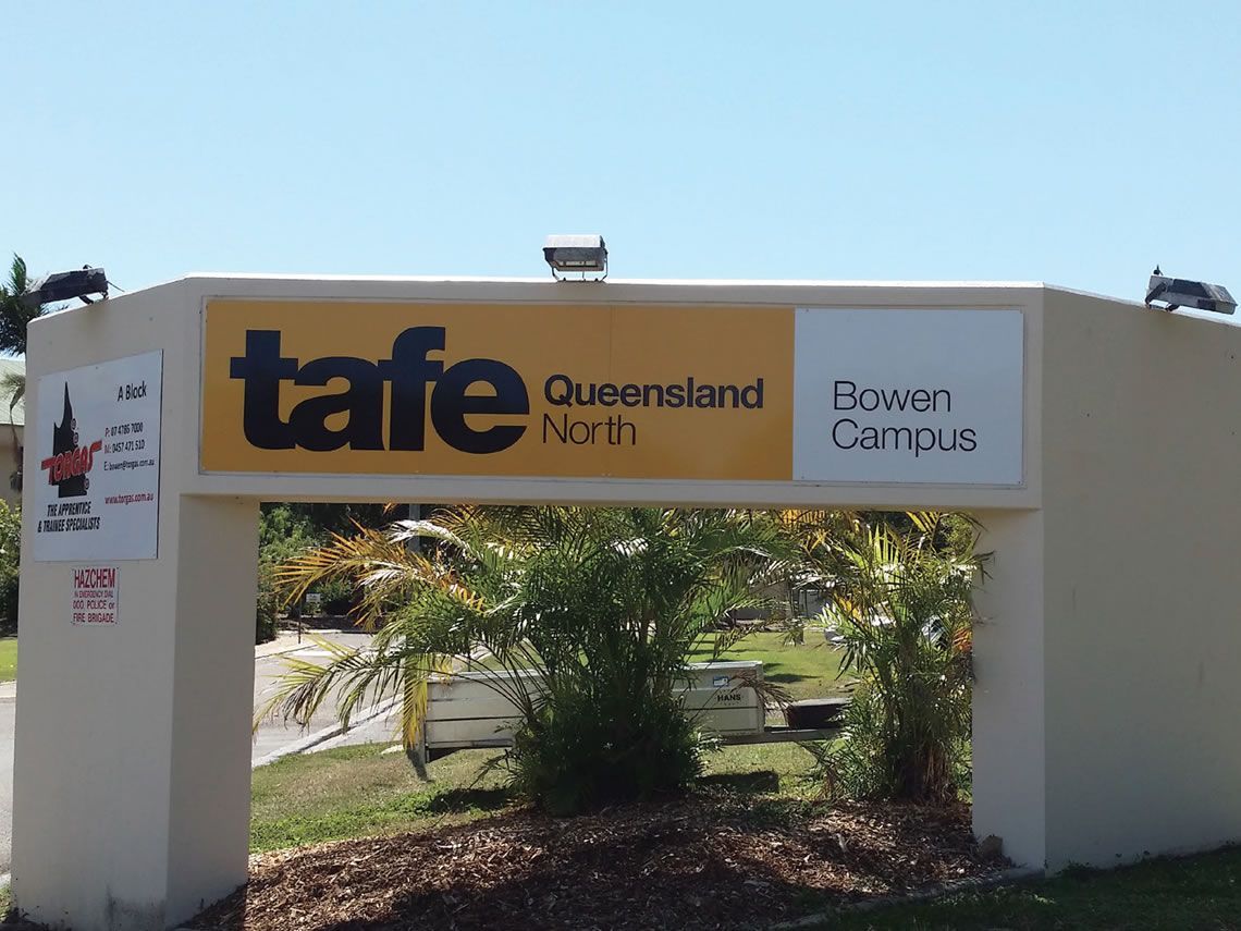 Tafe Queensland North Campus Entrance Sign Under a White Archway — Lehmann Print Solutions in Bowen, QLD