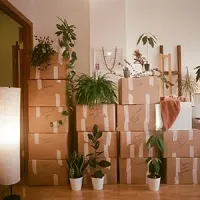 Stacked moving boxes with potted plants in a bright room, suggesting a home relocation.