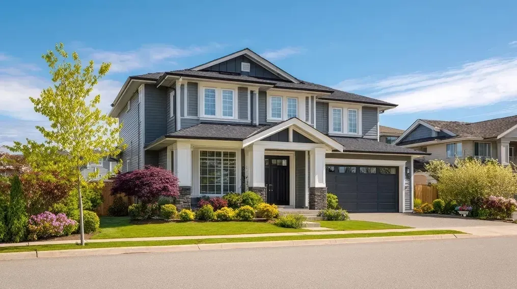 Suburban two-story house with a garage, manicured lawn, and colorful landscaping on a sunny day