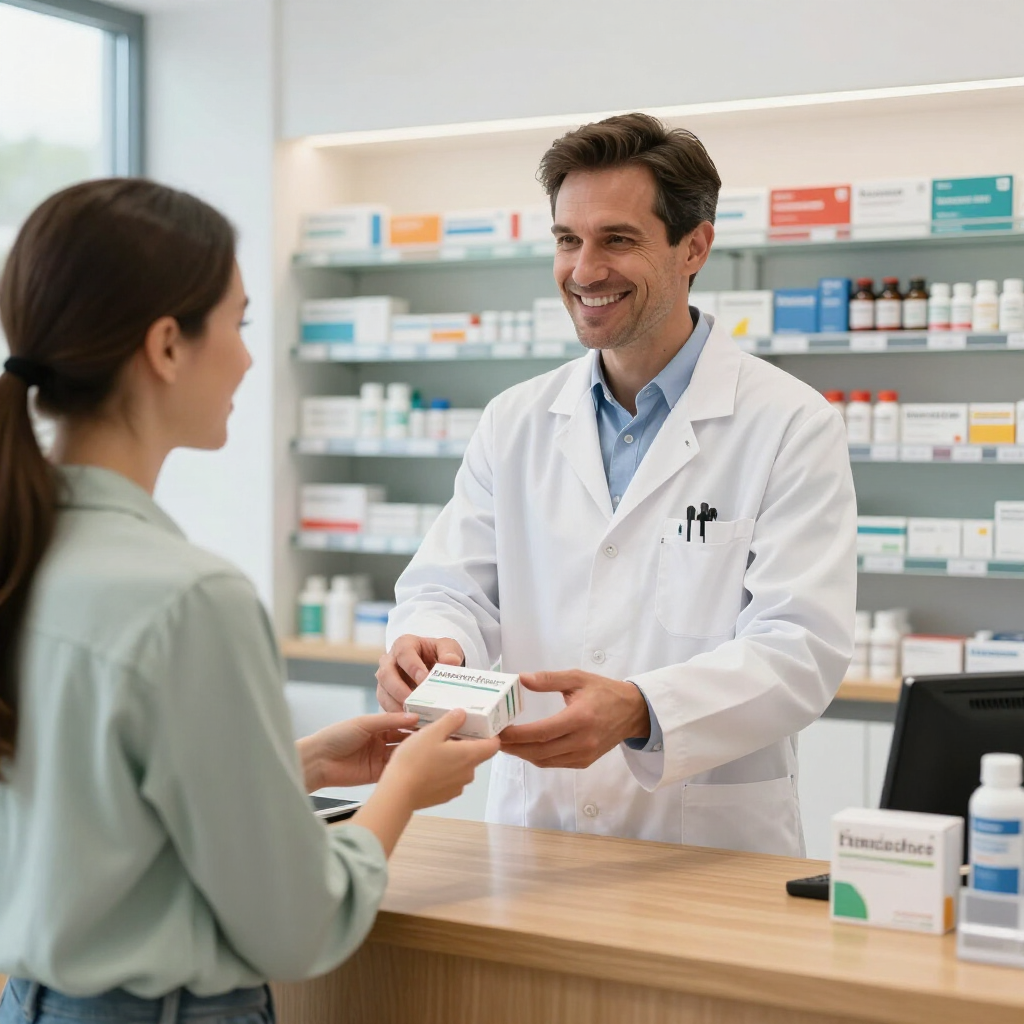 Pharmacist handing medicine to a customer across a pharmacy counter