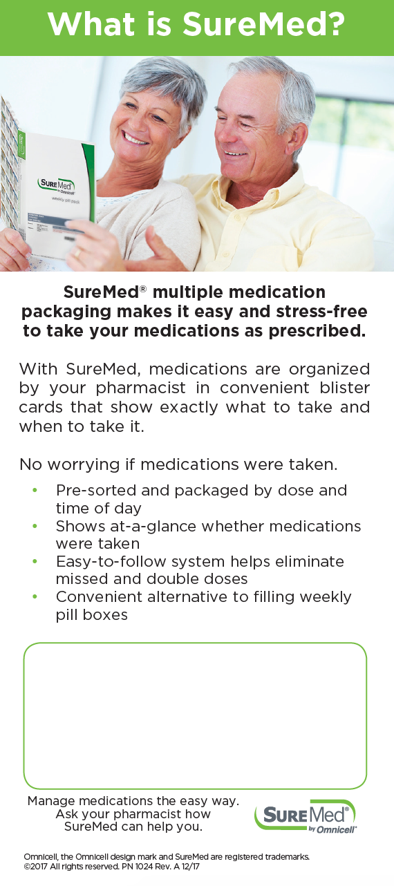 An elderly couple looking at a booklet. Text describes how SureMed organizes medications for easier intake.