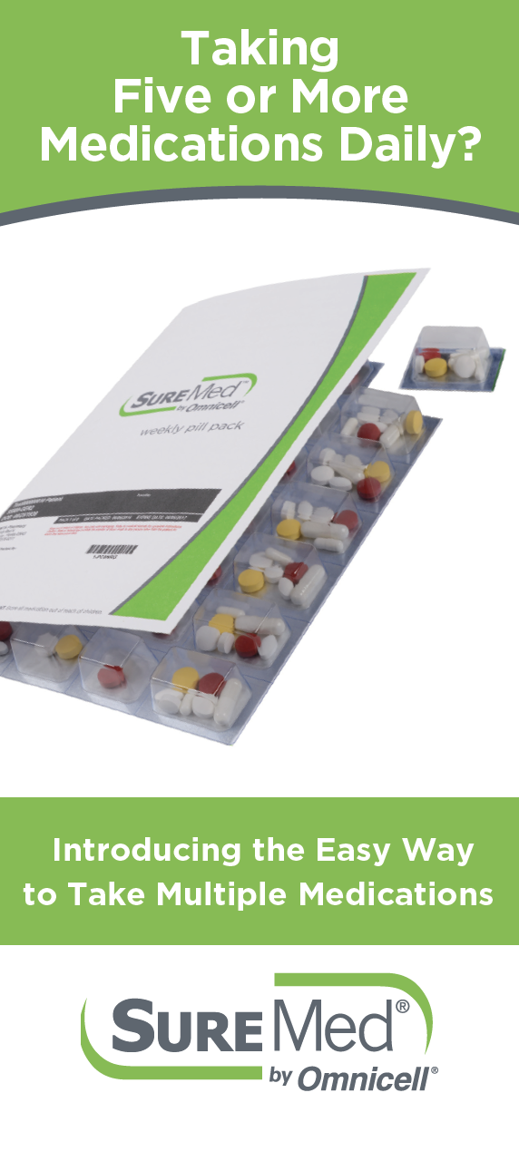 Advertisement for SureMed, a medication organizer, with a blister pack and product packaging.