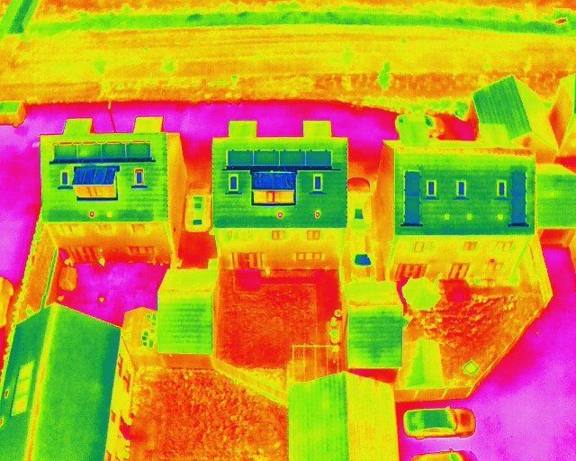 Drone thermal imaging photo of new build houses