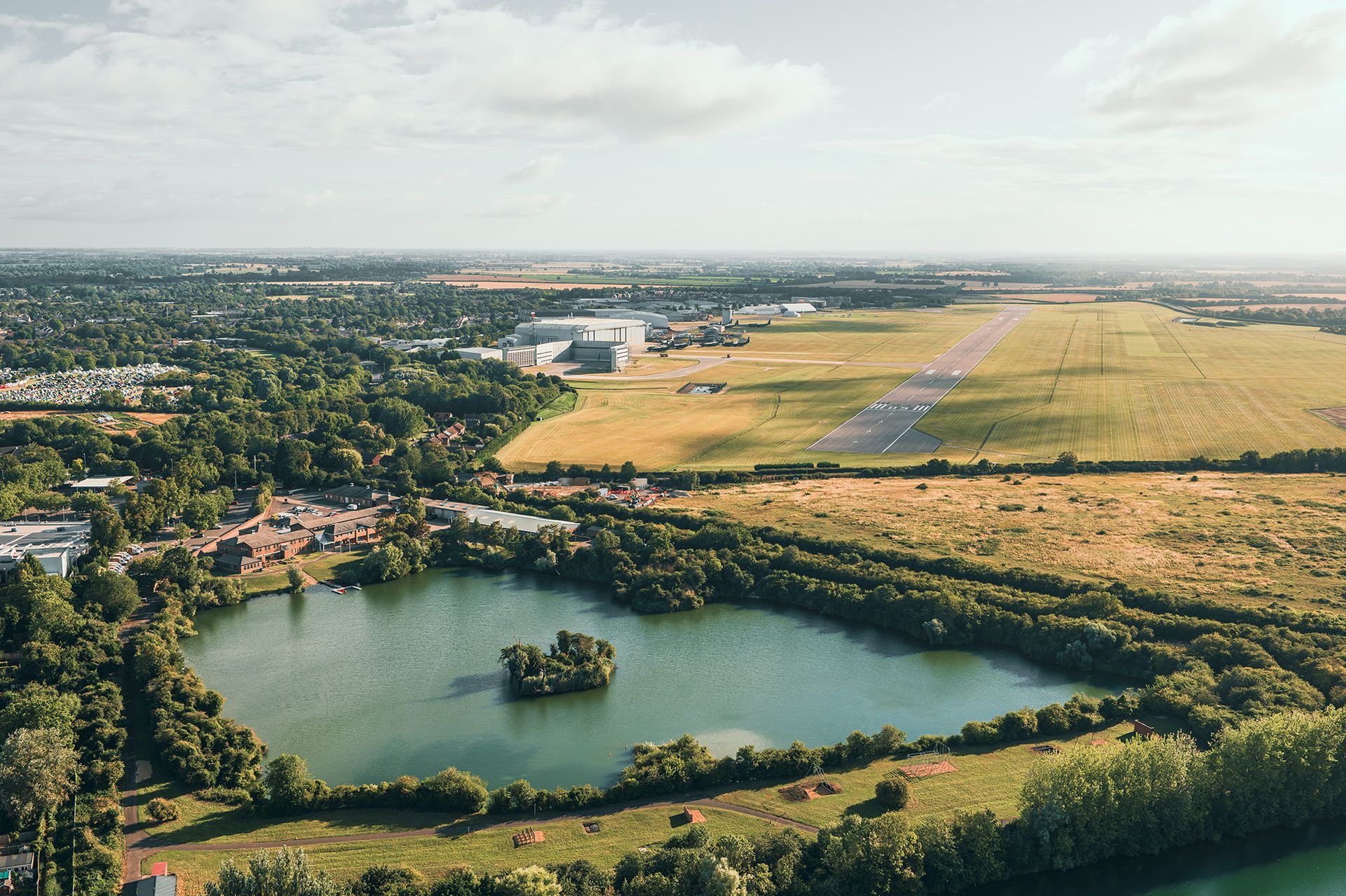Drone photo showing Cambridge city airport and its main runway