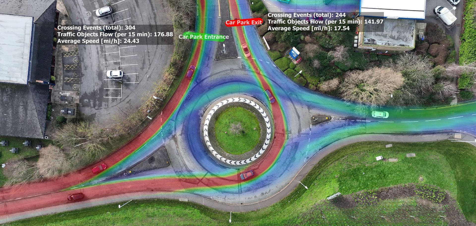Drone photo of a roundabout showing traffic flow patterns from a recent drone traffic survey