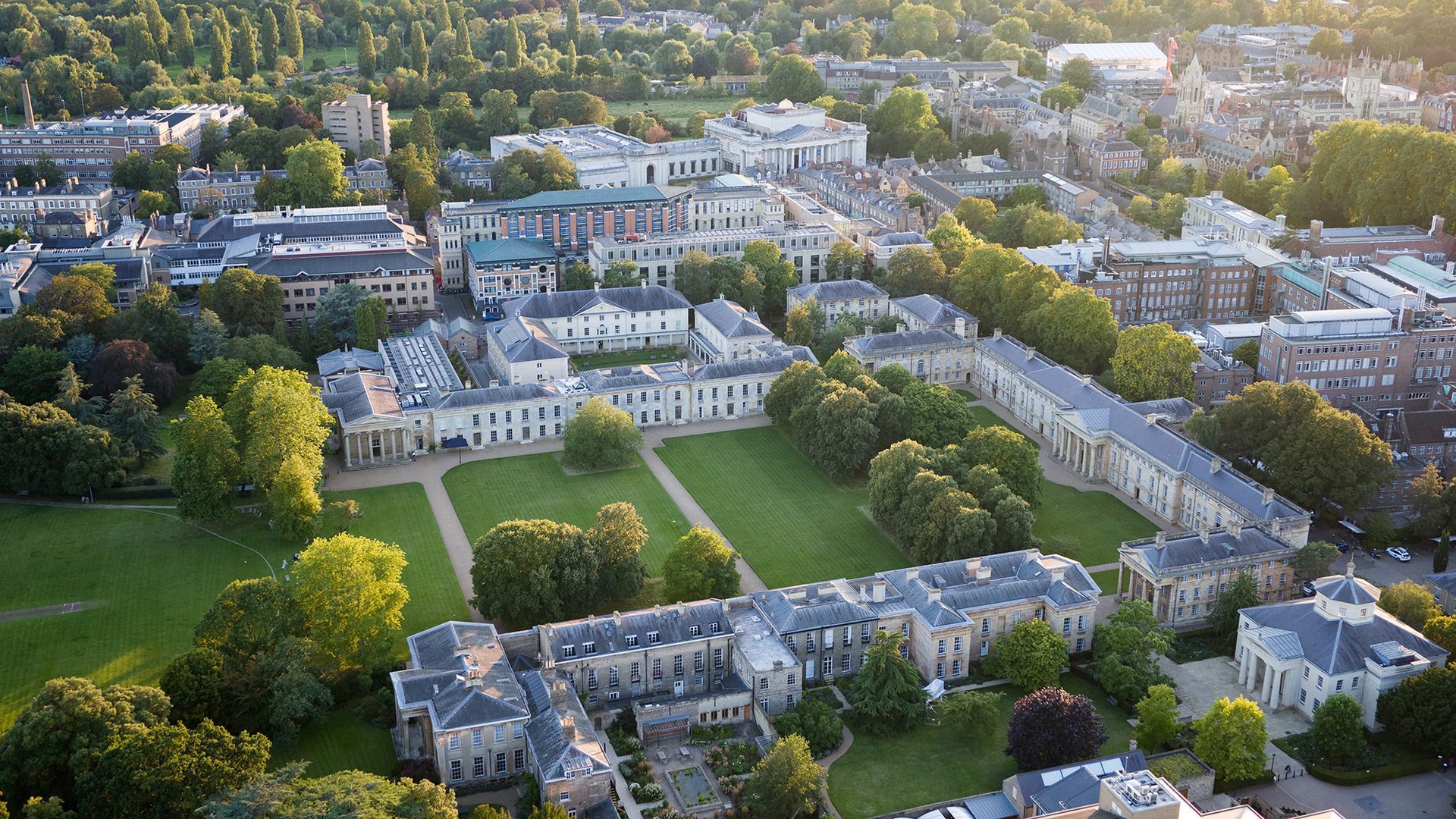 Drone photo showing Downing college in Cambridge