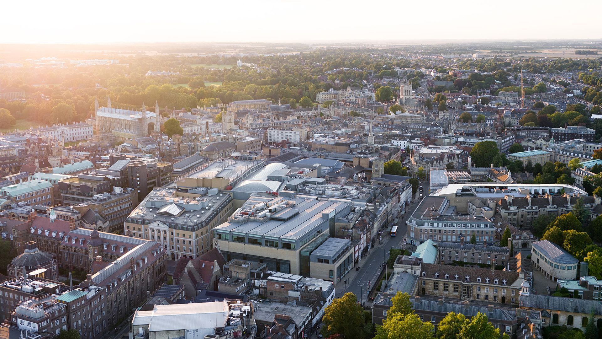 Drone photo showing the grand arcade shopping centre and the rest of the city in Cambridge