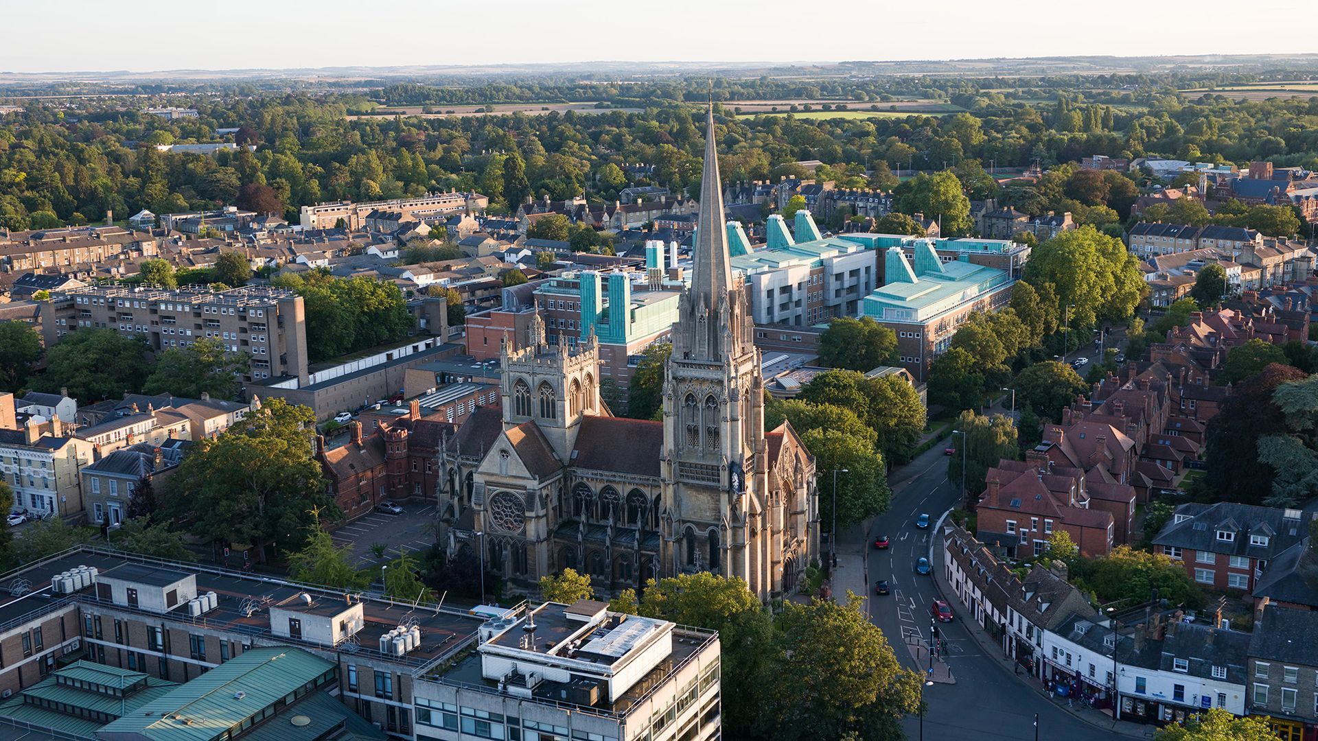 Drone photo of the OLEM church on Hills Road in Cambridge