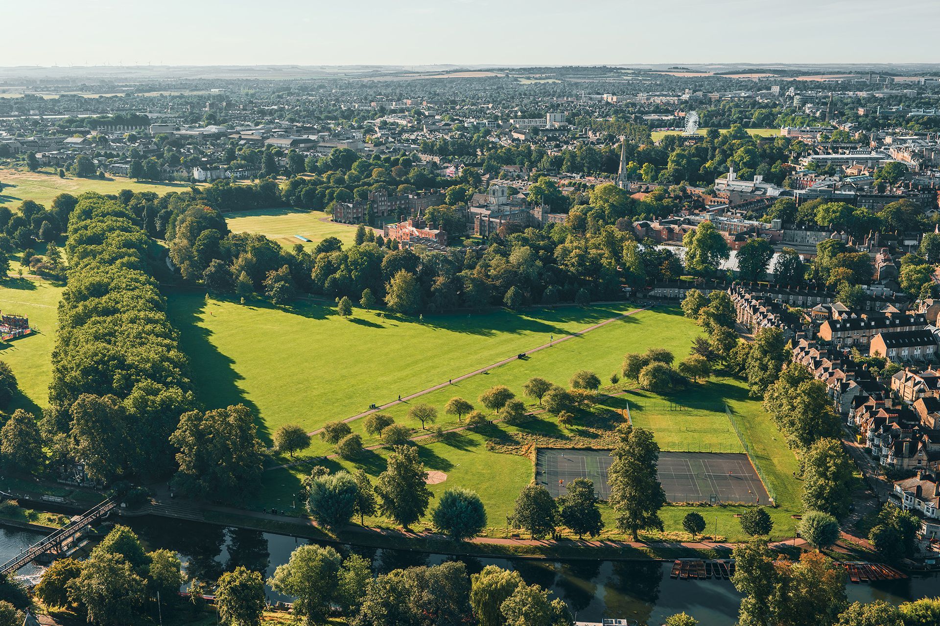 Drone photo showing Jesus green and the city centre in Cambridge
