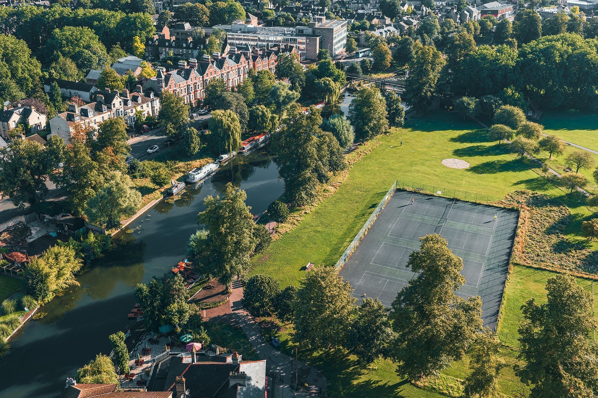 Drone photo of Jesus green tennis courts and the canal running next to it