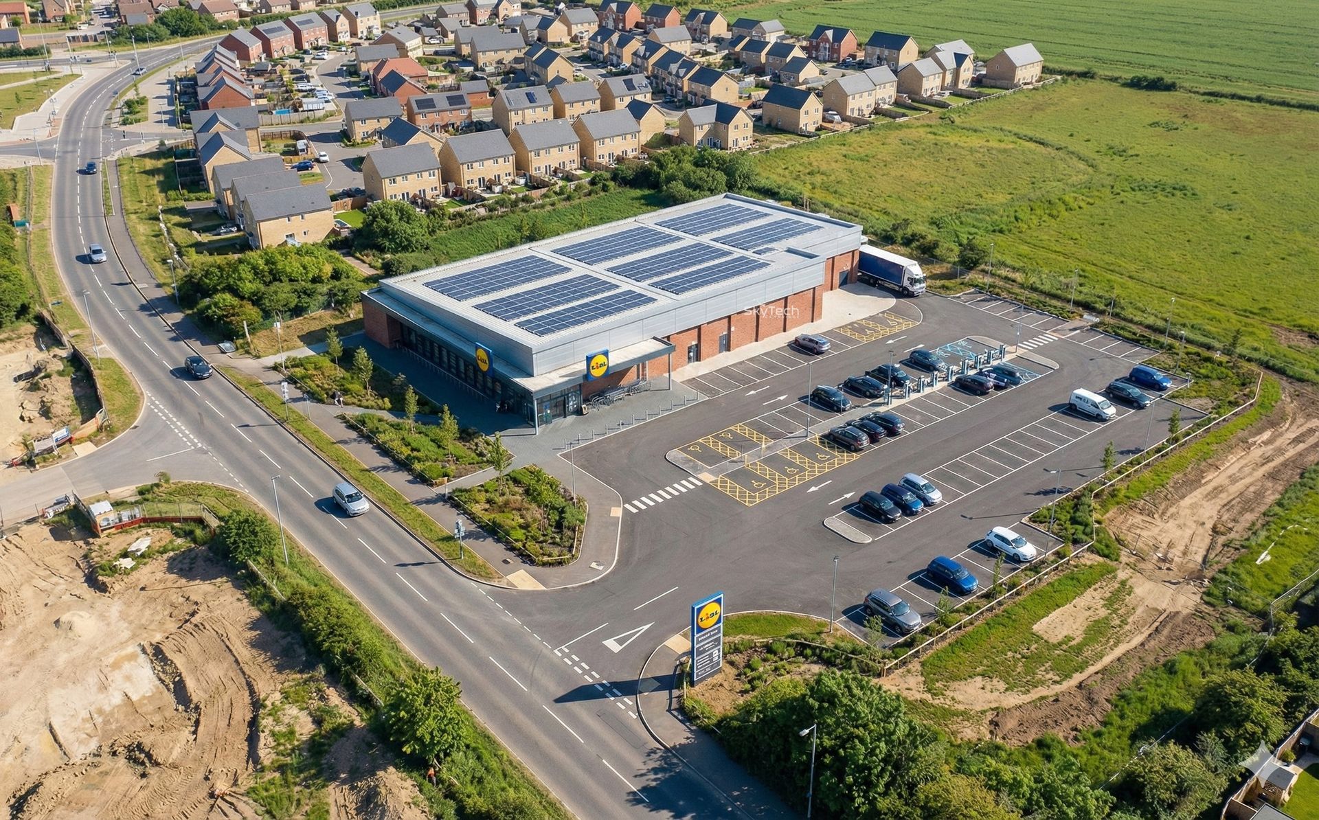 Skytech Cambridge drone-rendered visualisation of the proposed Lidl supermarket at Northstowe