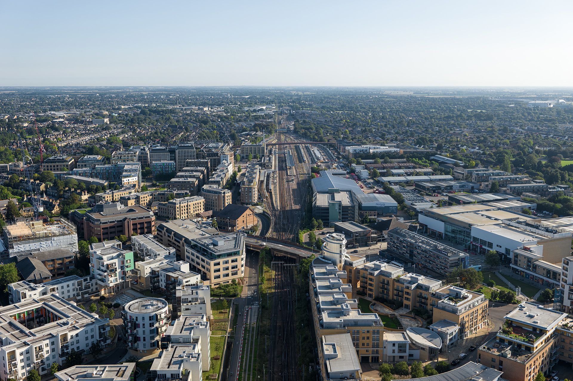 Drone photo of Cambridge railway station