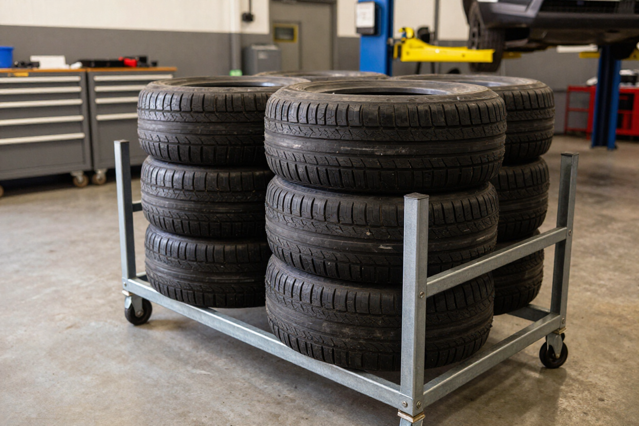 Tires stacked on a rack in the shop bay