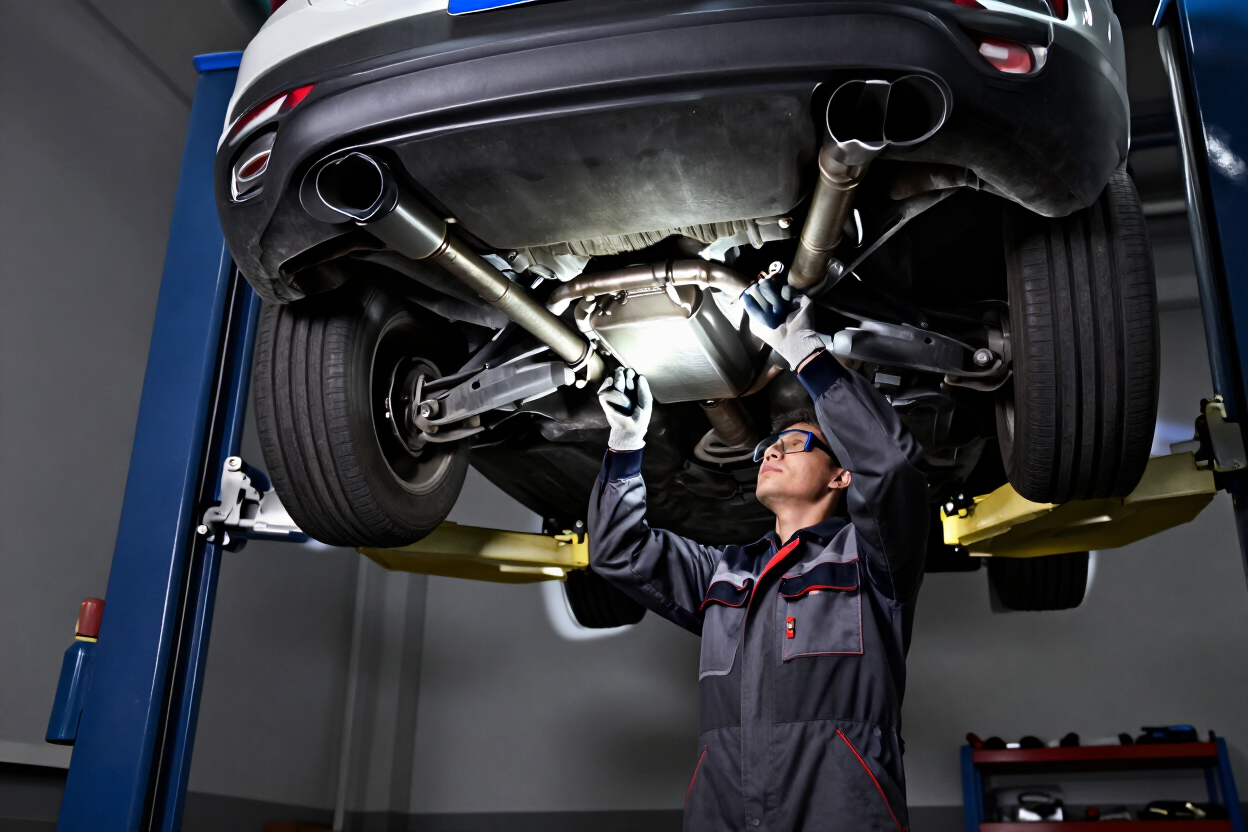 Mechanic inspecting the exhaust system of a car on a lift