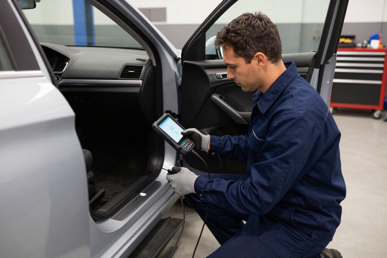 Mechanic using a diagnostic scanner on a car in the shop bay