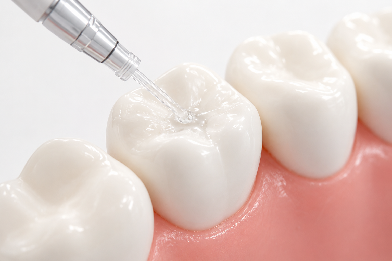 Dental cleaning tool applying liquid to white teeth and pink gums
